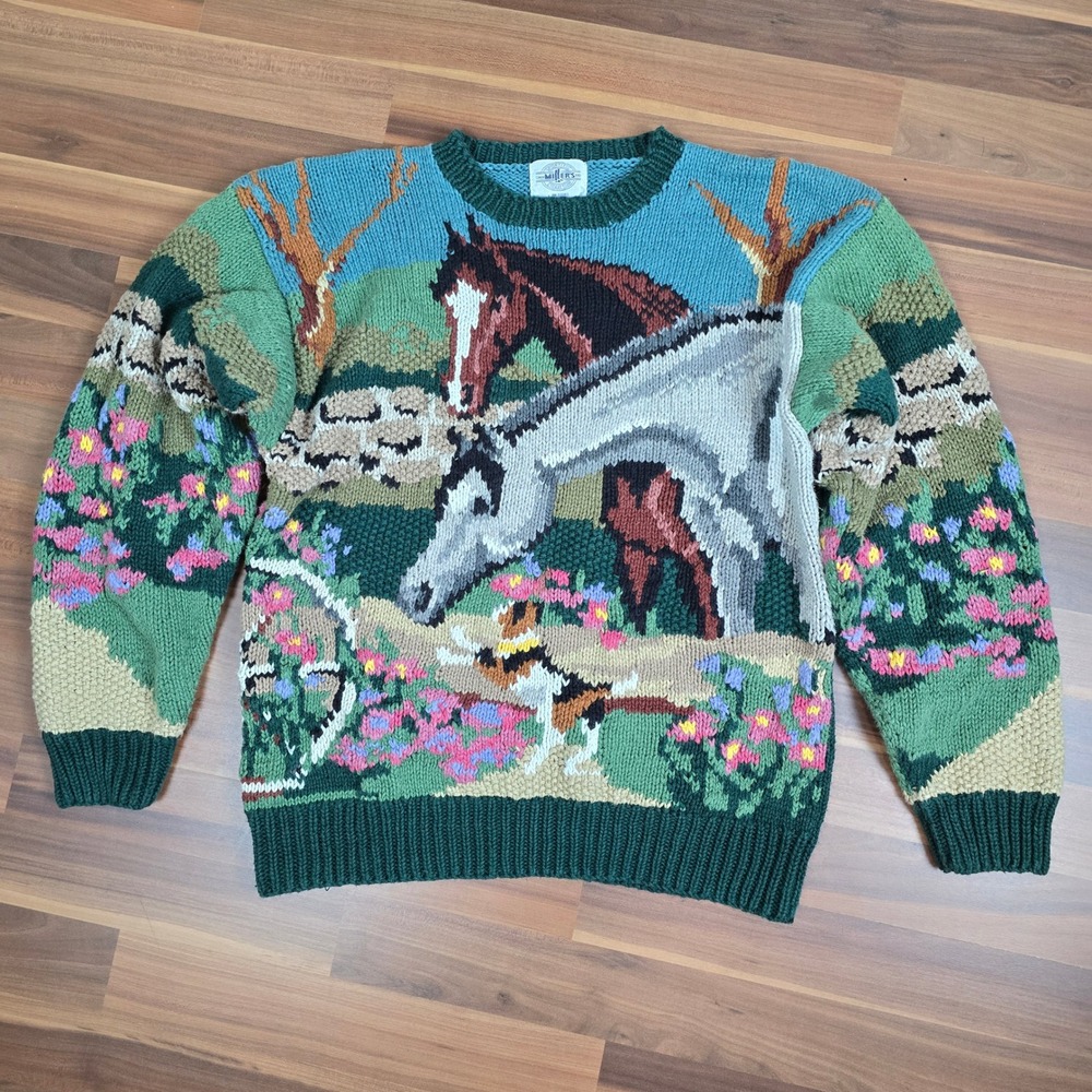 Vintage Miller's Equestrian Landscape Heavy Knit Sweater M Horse Countryside